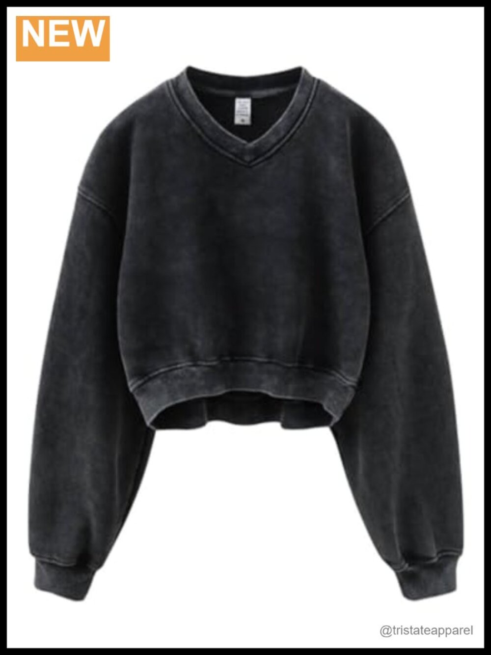 V Neck Acid Wash Cropped Sweatshirt Fleece Lined Pullover Relaxed Fit